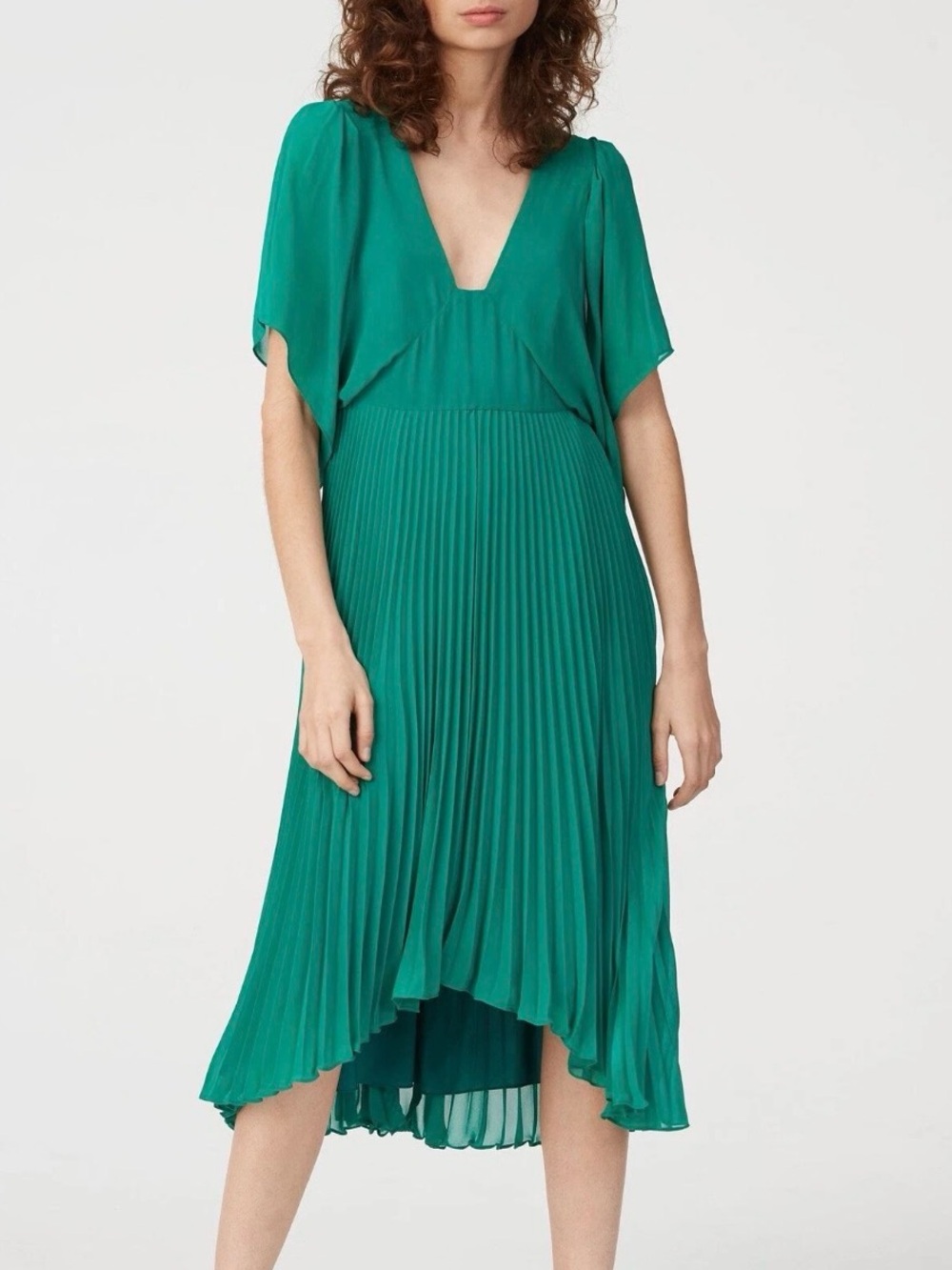 Club Monaco Teal Pleated V-Neck Midi Dress
